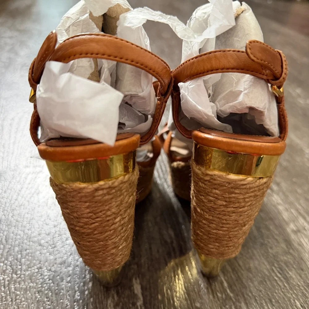 Miu Miu Brown Leather Espadrille Wedge Sandals Gold Accent Heel 34.5 EU / 4.5 US